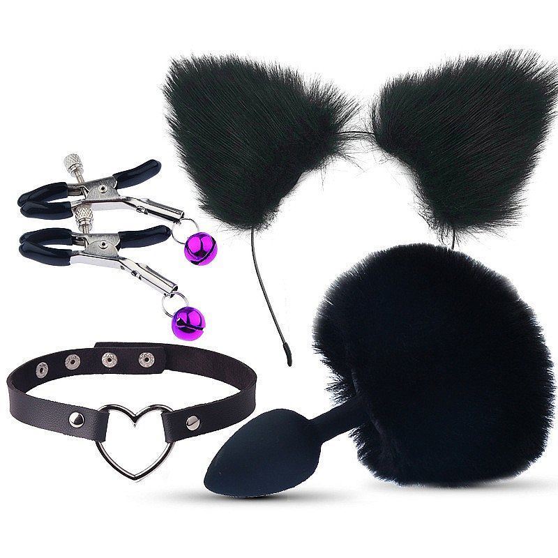 KIT - RABO DE COELHO COM TIARA DE ORELHAS - GRAMPOS PARA OS SEIOS EM METAL E GARGANTILHA